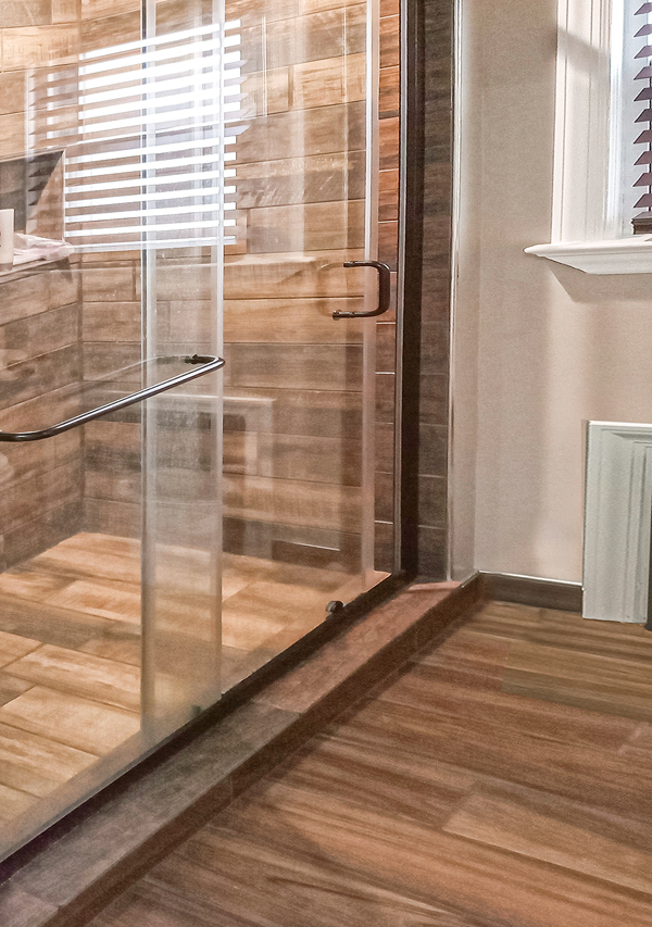 teak-lined bathroom